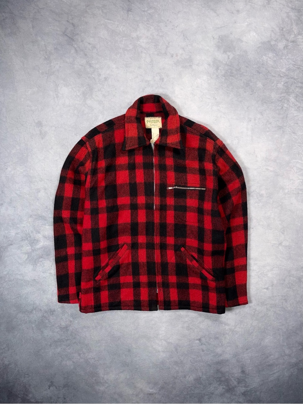 Vintage 60s Pioneer Red Black Buffalo Plaid Wool Zip-Up Hunting Jacket